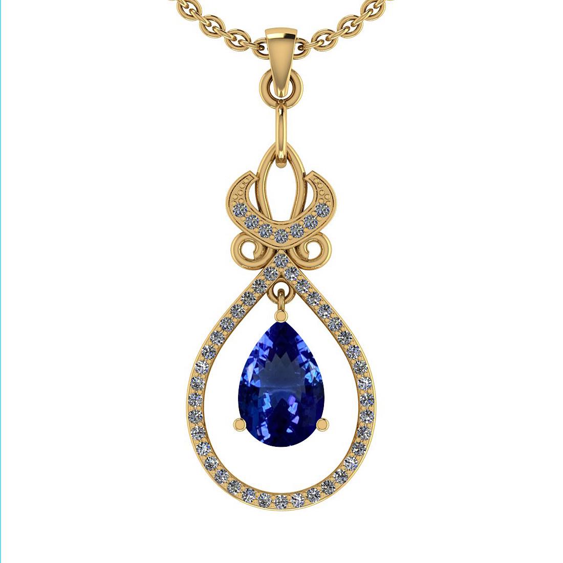 3.20 Ctw SI2/I1 Tanzanite And Diamond 14K Yellow Gold V: 3.20 Ctw SI2/I1 Tanzanite And Diamond 14K Yellow Gold Vintage Style Necklace -- Center Stone Weight : 2.75 Ctw (Pear Cut) Center Stone Color :-Tanzanite Center Stone Setting : Prong Side Stone Weight