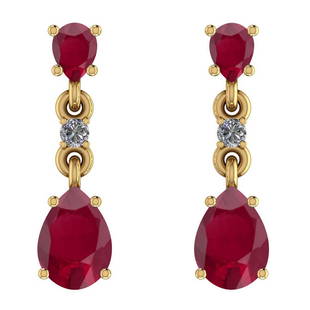 Certified 4.00 Ctw Ruby And Diamond VS/SI1 18K Yellow G: Certified 4.00 Ctw Ruby And Diamond VS/SI1 18K Yellow Gold Dangling Earrings -- Color Stone Approx Weight: 3.50 Ctw (4 pcs Pear) Center Stone Color: Ruby Center Stone Setting: Prong Diamond Stone Appr