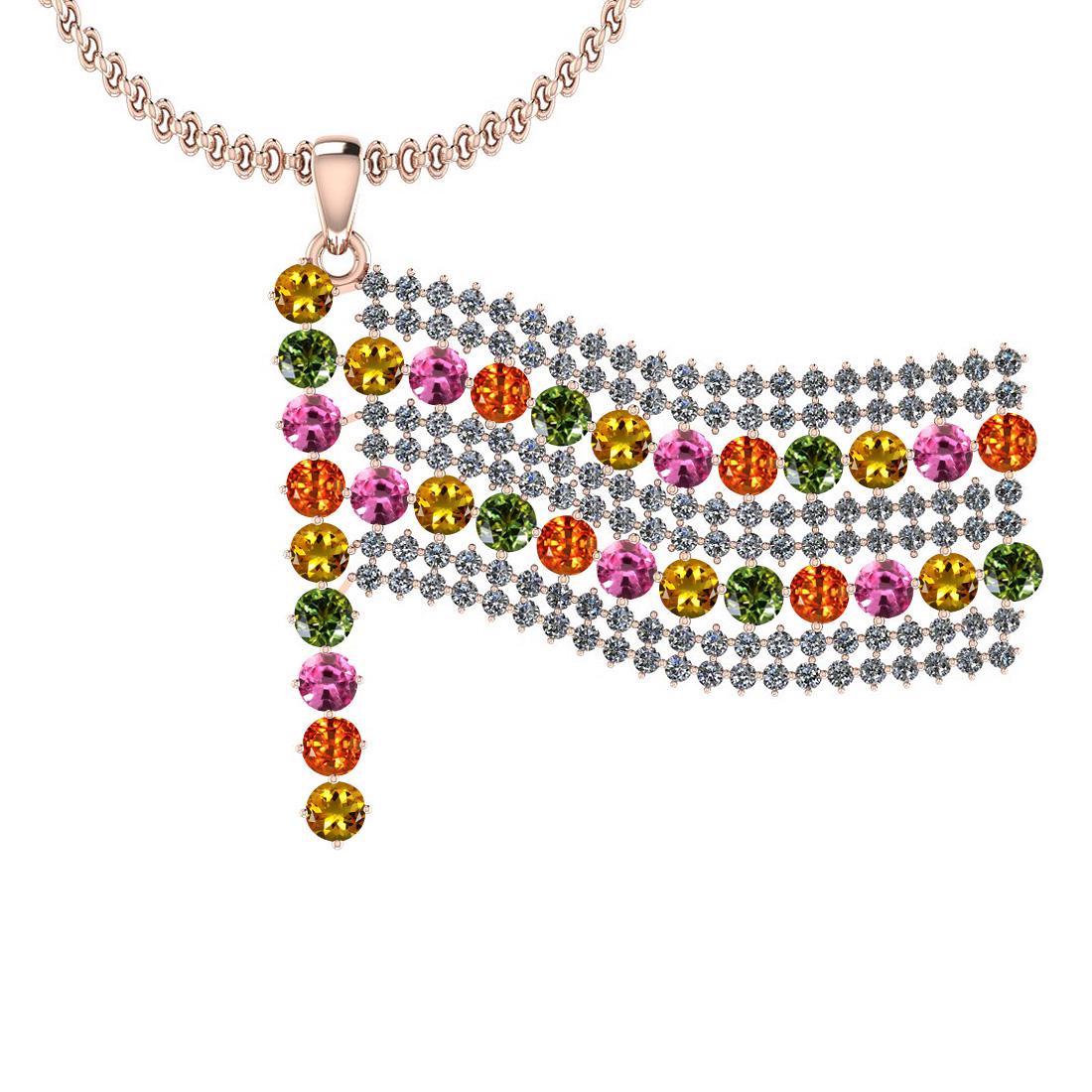 3.82 Ctw VS/SI1 Multi Sapphire And Diamond 14K Rose Gol: 3.82 Ctw VS/SI1 Multi Sapphire And Diamond 14K Rose Gold Necklace -- Center Stone Weight : 2.98 Ctw ( Round Cut ) Center Stone Color : Multi Sapphire Center Stone Setting : Prong Side Stone Weight Of 