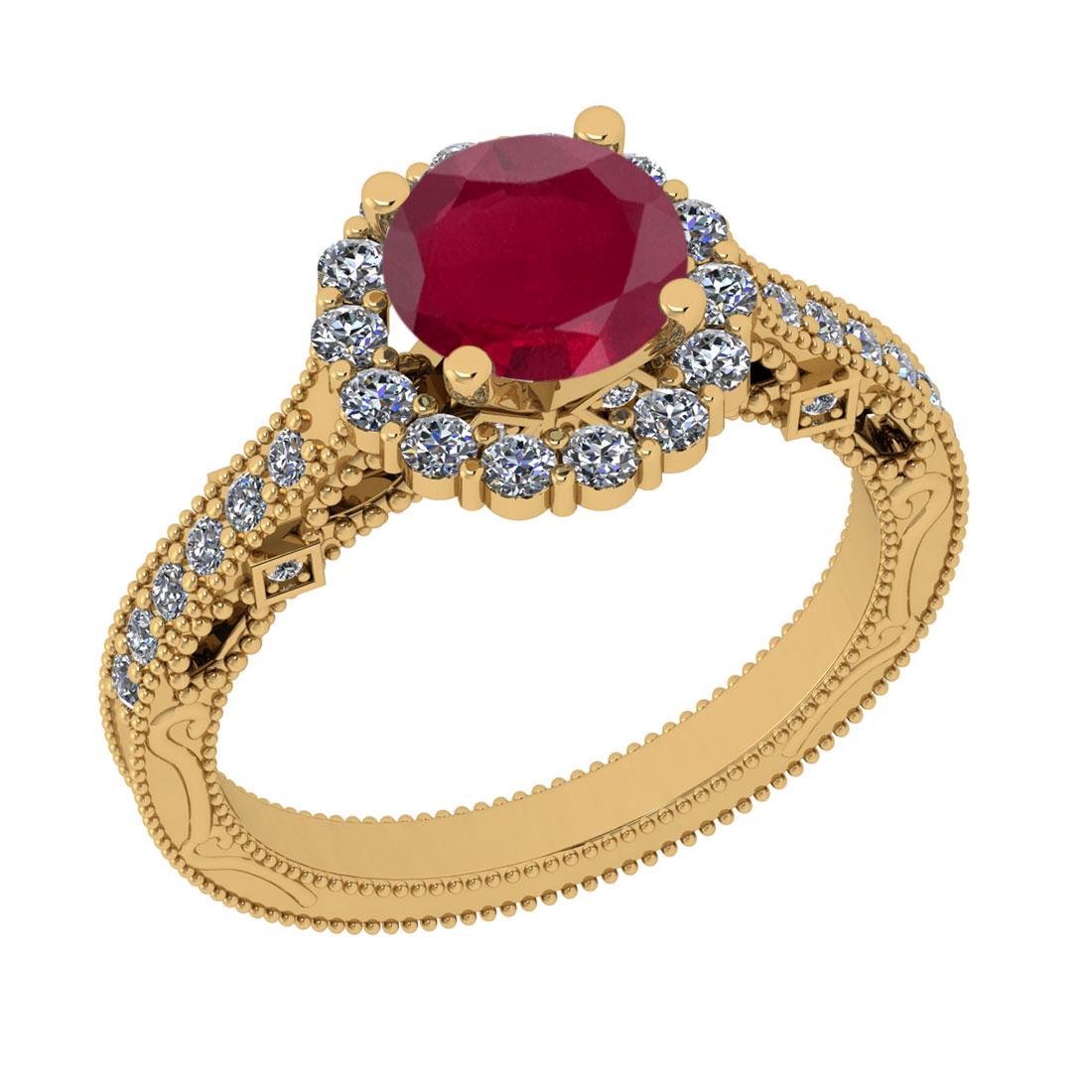 1.80 Ctw SI2/I1 Ruby And Diamond 14K Yellow Gold Vintag: 1.80 Ctw SI2/I1 Ruby And Diamond 14K Yellow Gold Vintage Style Wedding Ring -- Center Stone Weight : 1.25 Ctw (Round Cut) Center Stone Color : Ruby Stone Setting : Prong Side Stone Weight Of Ctw 0.55