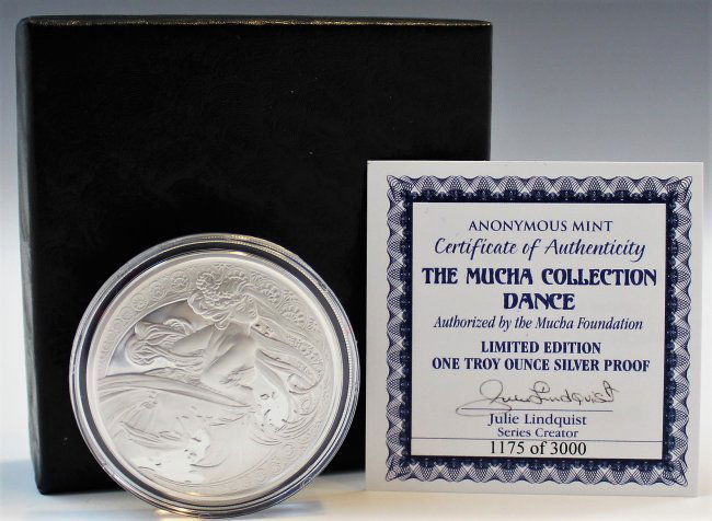 Alphonse Mucha Silver Coin: An original limited edition Alphonse Mucha Silver Coin Measures: 2 inches diameter