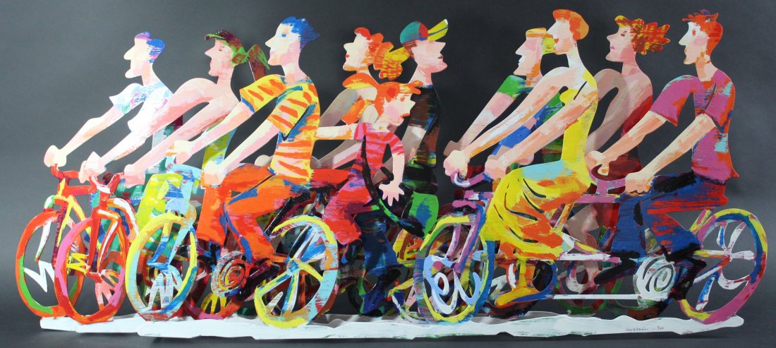 David Gerstein: Painted metal cyclist sculpture by David Gerstein Measures: 55 x 22 inches Signed and numbered on bottom by artist
