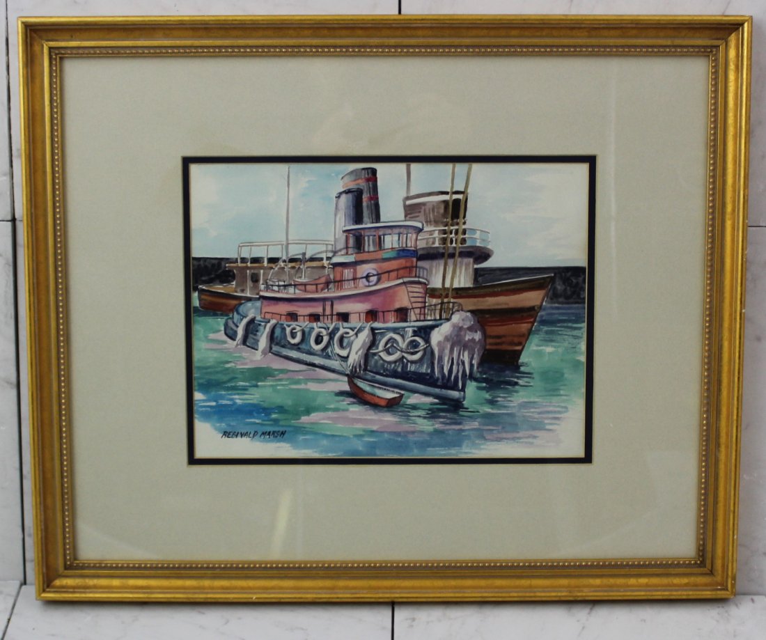 Reginald Marsh Watercolor: New York (harbor), watercolor on paper by Reginald Marsh Measurements: Frame 21 x 17 inches, Image 13.75 x 9.75 inches