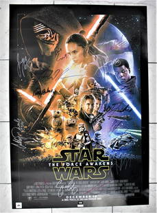 Star Wars Cast Signed Movie Poster: Measurements: 27 x 40 inches Signatures: Daisy Ridley John Boyega Adam Driver Harrison Ford Carrie Fisher Mark Hamill Oscar Isaac Domhnall Gleeson Lupita Nyong'o Gwendoline Christie Peter Mayhew Antho