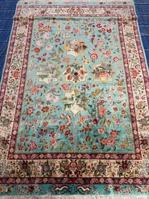 Very Fine Hand Knotted Signed Persian Silk Qum Rug 4.3x6.4 ft
