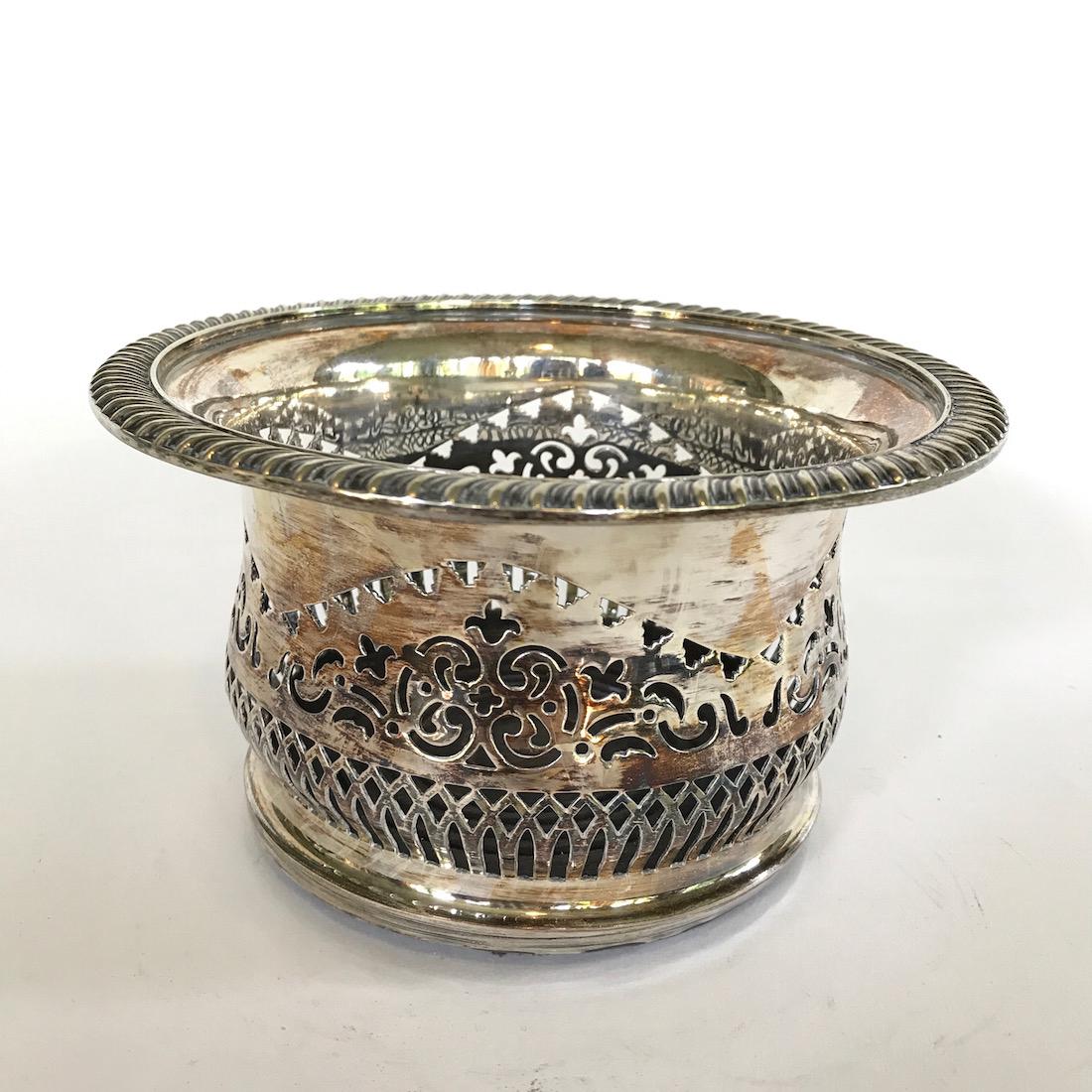 19th Century Sheffield Wine Coaster: 19th Century Sheffield Wine Coaster with gadroon edge and pierced body, wood base, 4"H x 7"D