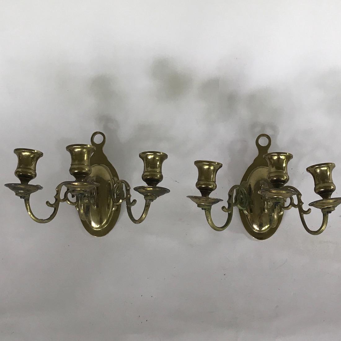 Pair of 3-arm Colonial Brass Sconces (1 of 2)
