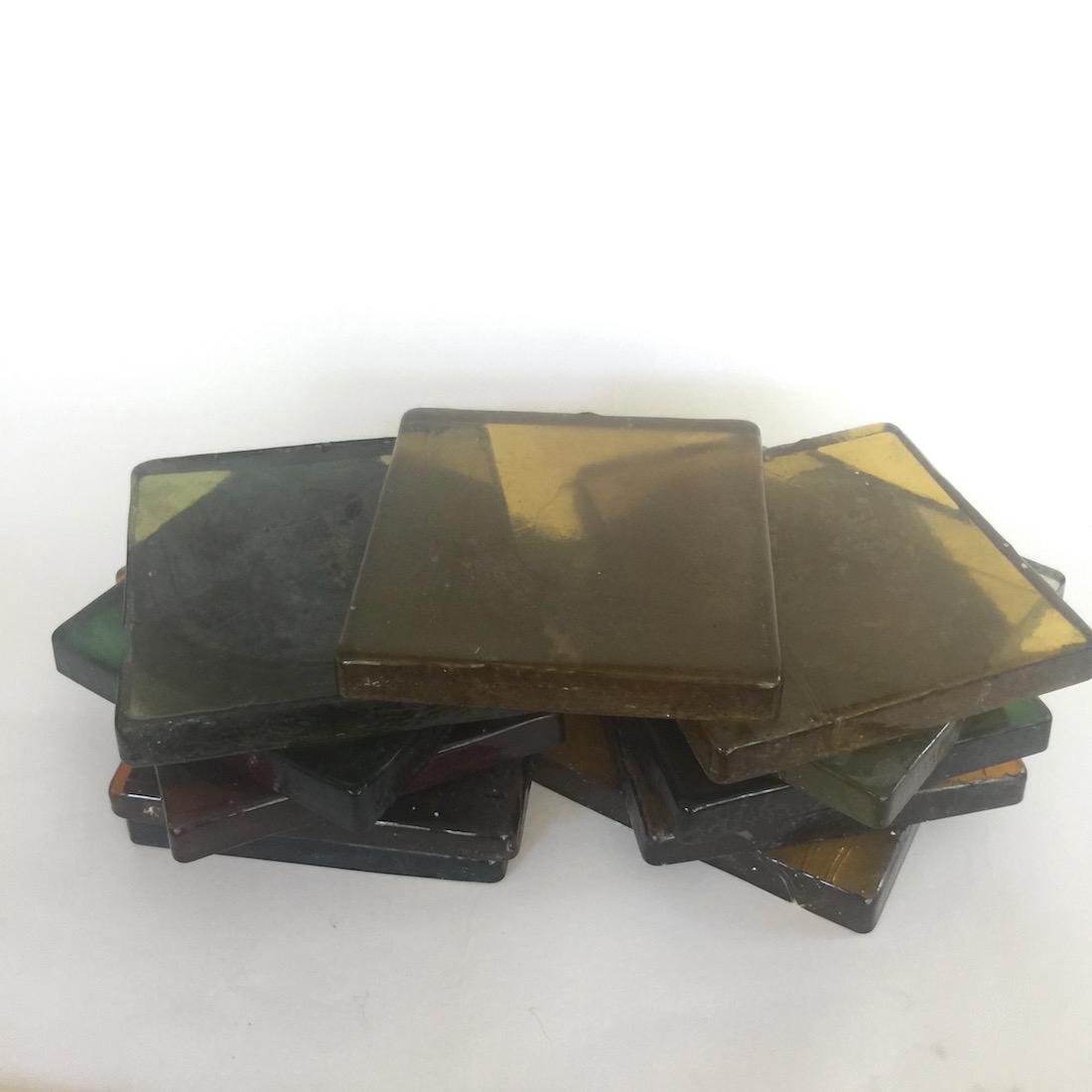 11 Multicolored Blenko Glass Tiles: Collection of 11 multicolored Blenko glass tiles, 7.5" x 7.5"