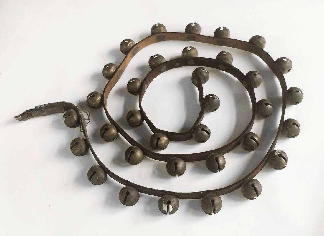 6 foot Leather Strap of 19th C Brass Sleigh Bells (1 of 3)