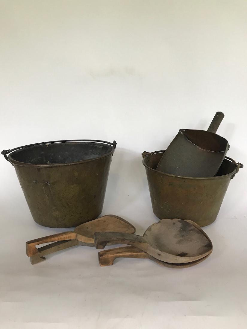 Lot Brass Buckets, Wooden Paddles & Copper Scoop (1 of 4)
