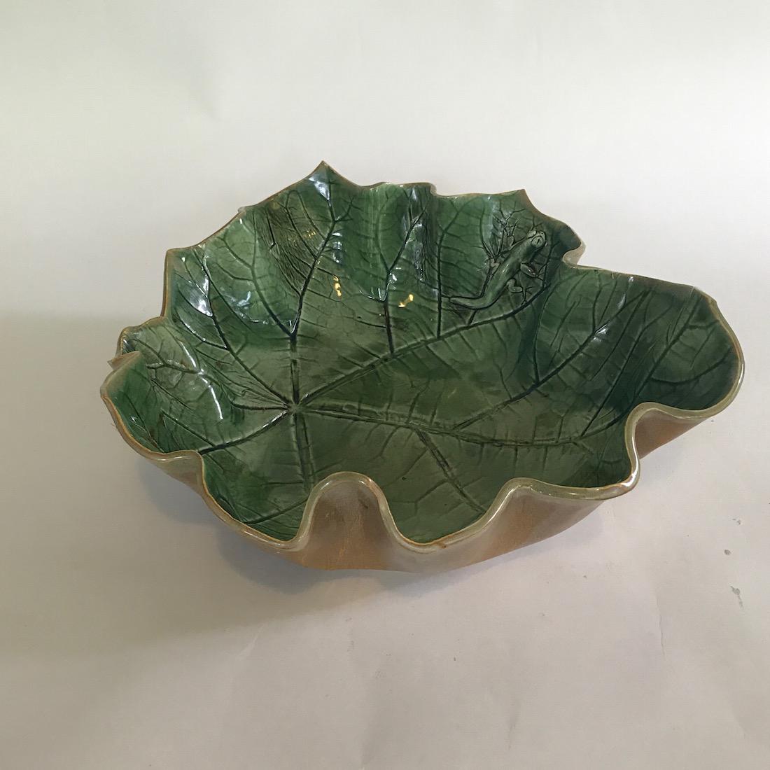 Peggy Hays Pottery Bowl: Peggy Hays pottery bowl, leaf with salamander, 5"H x 13"W