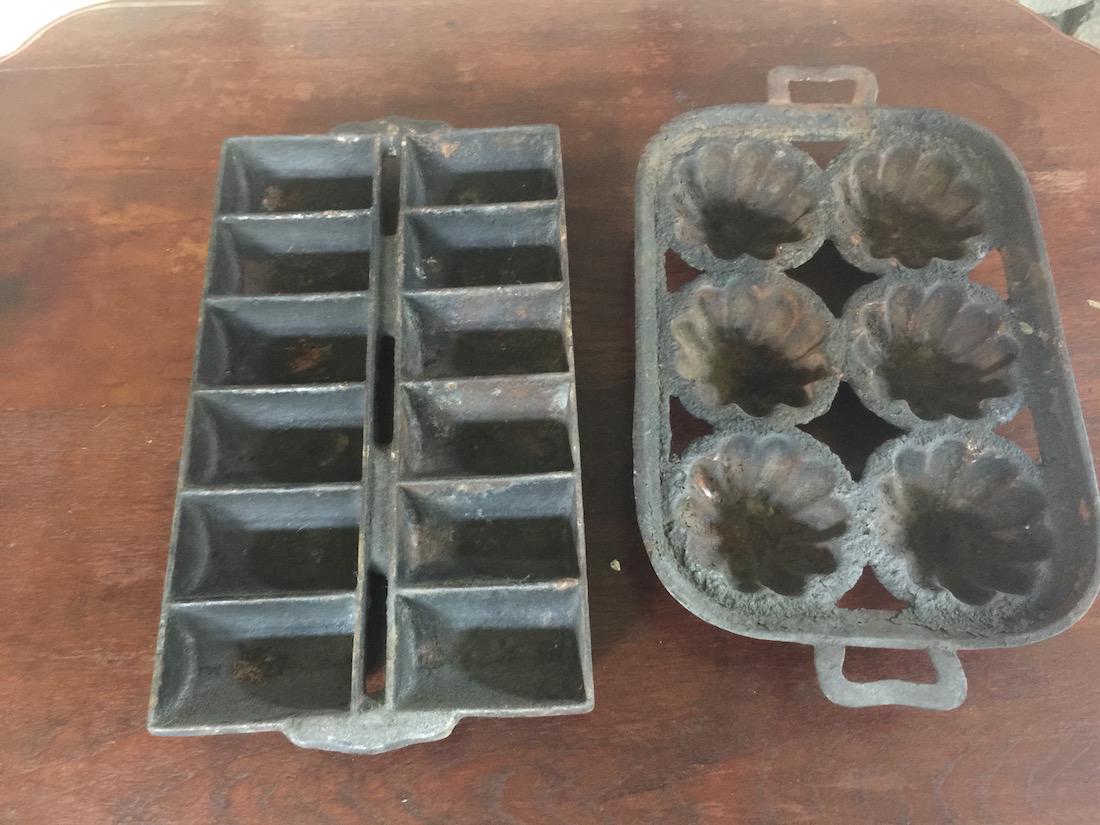Pair of Cast Iron Muffin Tins: Pair of Antique Cast Iron Muffin Tins, 12" L x 7" W and 13" L x 8" W
