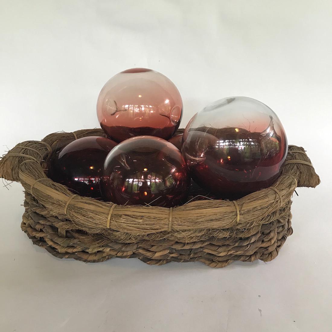 Set of 5 Large Blenko Glass Spheres in Basket (1 of 2)