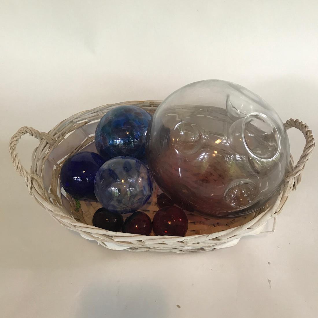 Set of 8 Large Blenko Glass Spheres in Basket (1 of 2)