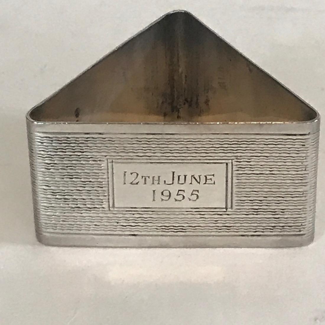 Sterling Triangular London Napkin Ring: Sterling silver triangular London napkin ring, monogrammed, 1"H