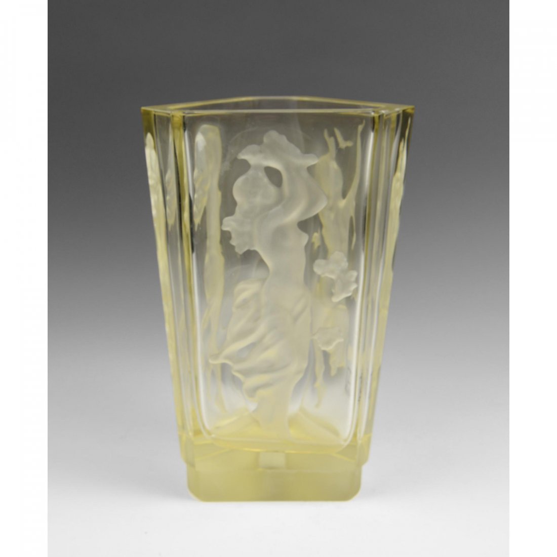 Czechoslovakian Intaglio Cut Yellow Glass Vase: Triangular shaped Czechoslovakian Art Glass Vase; Frosted Intaglio Cut Figures of Nymphs.Size: 8" Height