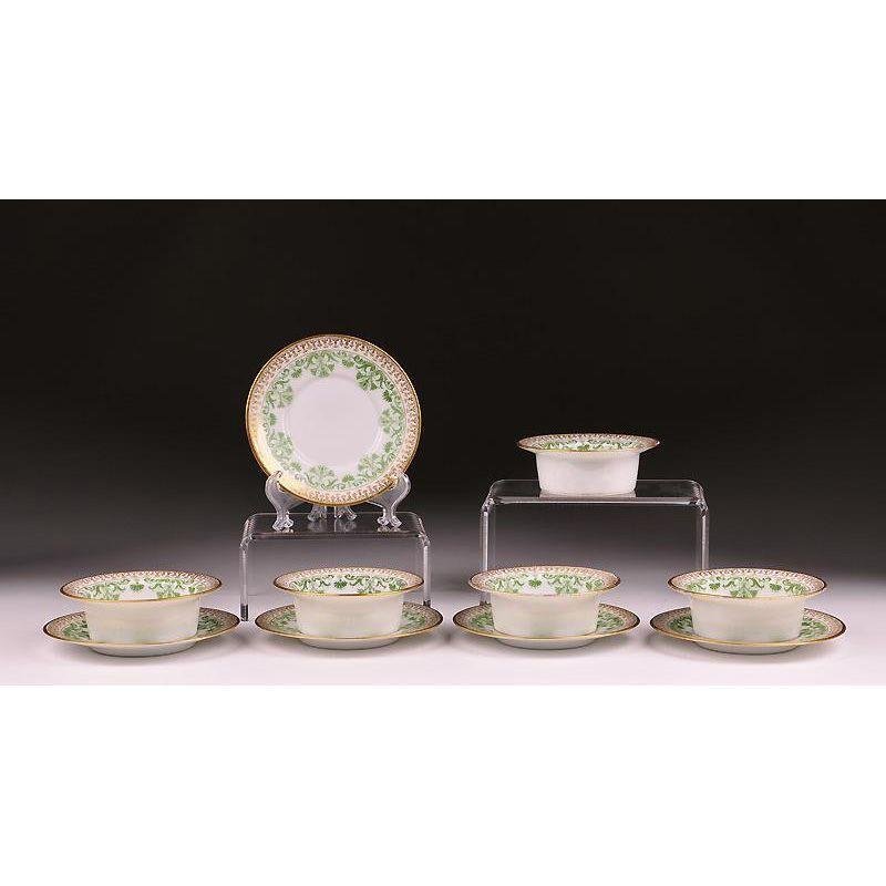 Set of 5 Sazerat Llimoges Ramekins & Saucers: Set of 5 Limoges Ramekins with matching saucers, made by the firm of Leon Sazerat who operated a LImoges decorating shop in and around Paris from 1852-1890. The pieces feature a border of gilt tracery
