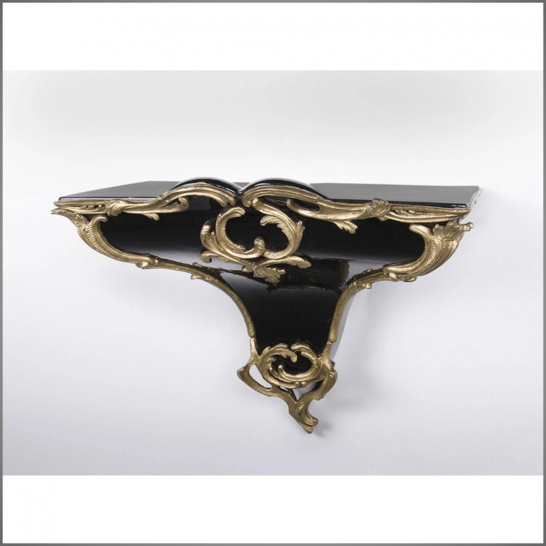 Louis XV Style Porcelain Wall Bracket Mounted In Bronze: A cobalt glazed porcelain wall bracket mounted in bronze in the Louis XV style. It has a substantial platform top superb for holding a large vase, clock, or figure.