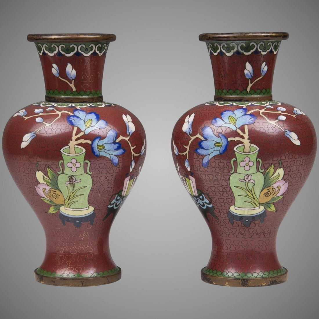 Pair of Early 20th C. Chinese Cloisonne Vases (1 of 7)