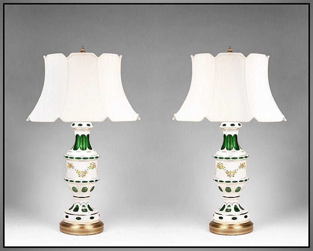 Pr. Of Glass Overlay Cut To Green Lamps (1 of 5)