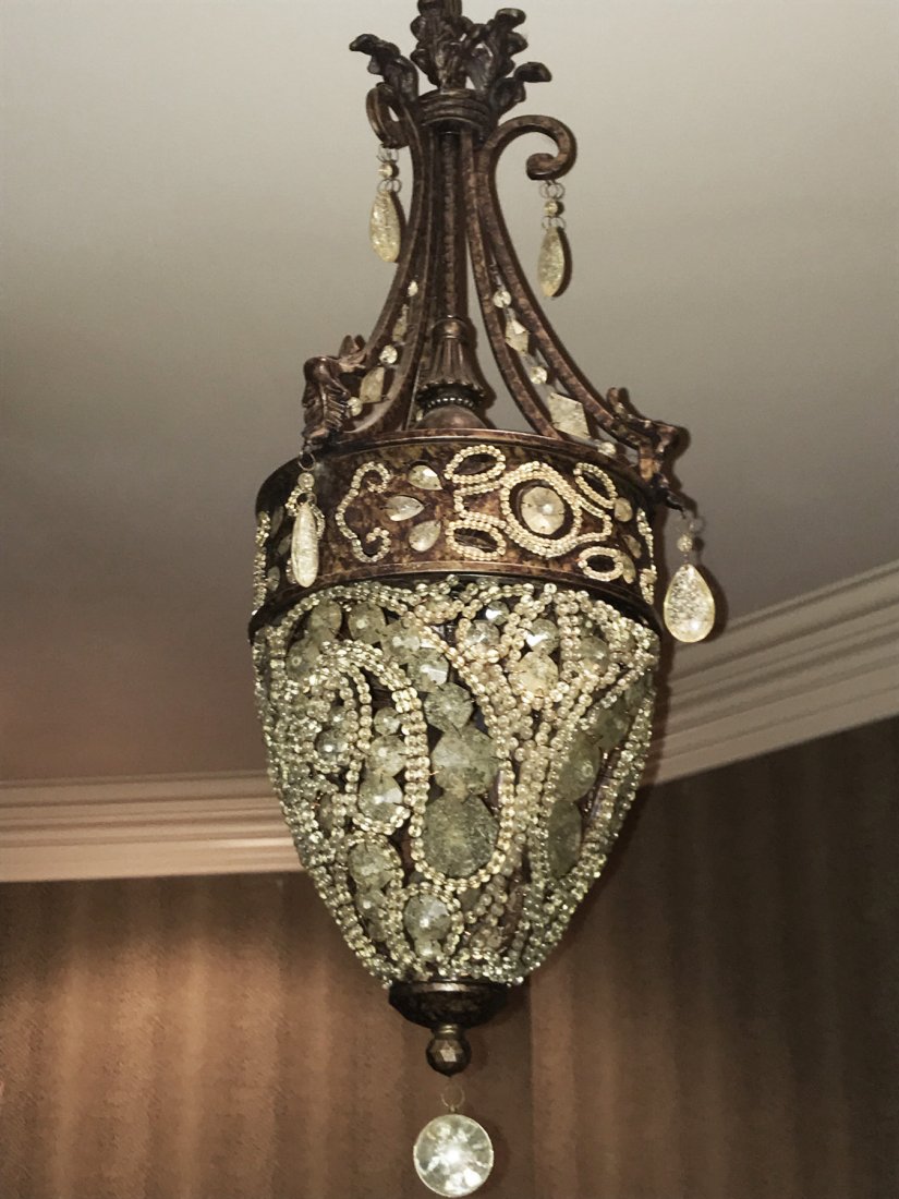 Beaded Crystal Lantern Chandelier: A very pretty beaded crystal lantern chandelier, or pendant lantern. The crystals are very nice; the light is in great working order. Small length of chain and canopy included in measurement.