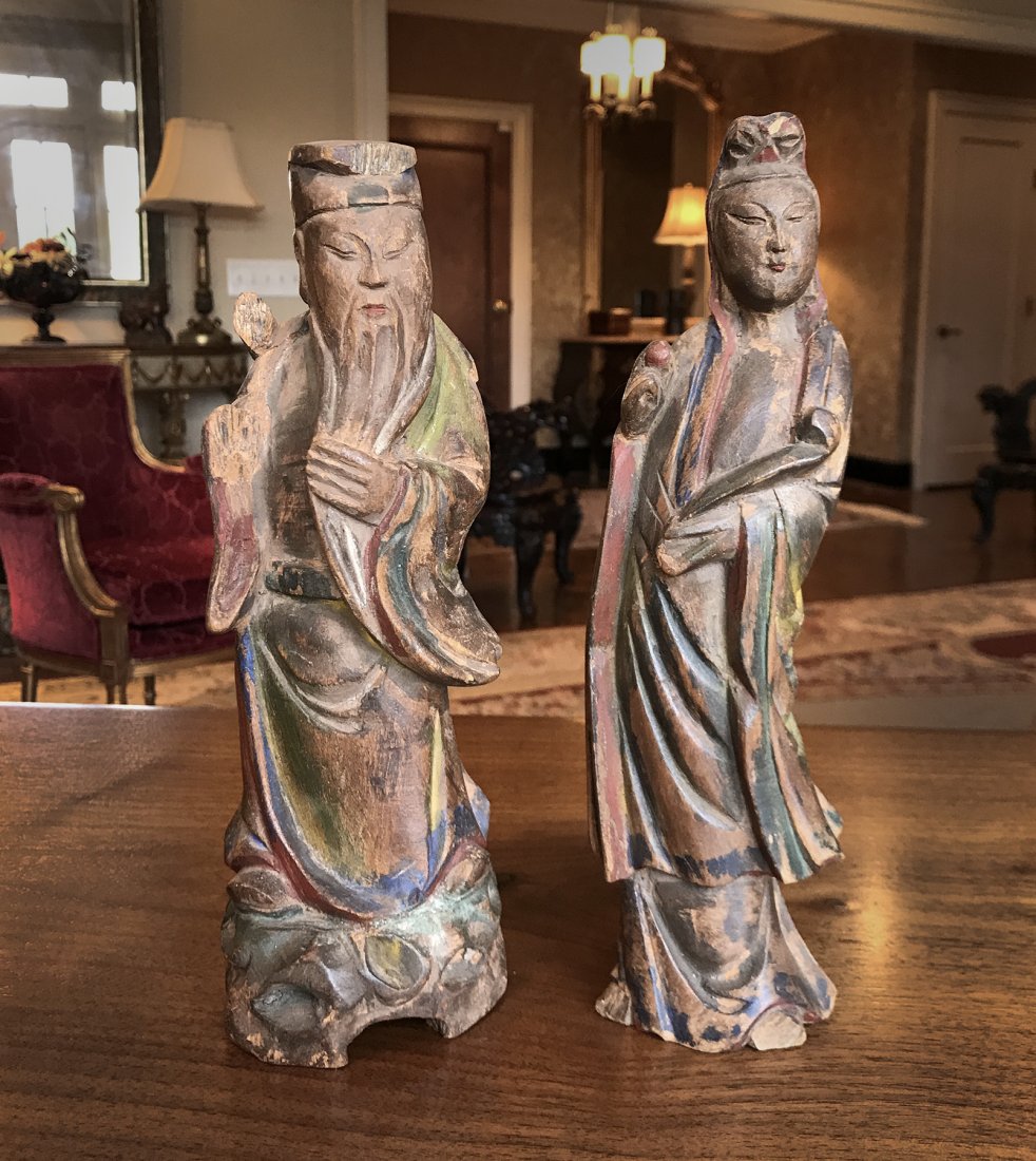 Pair of Polychrome Hand Carved Boxwood Immortal Figures (1 of 3)
