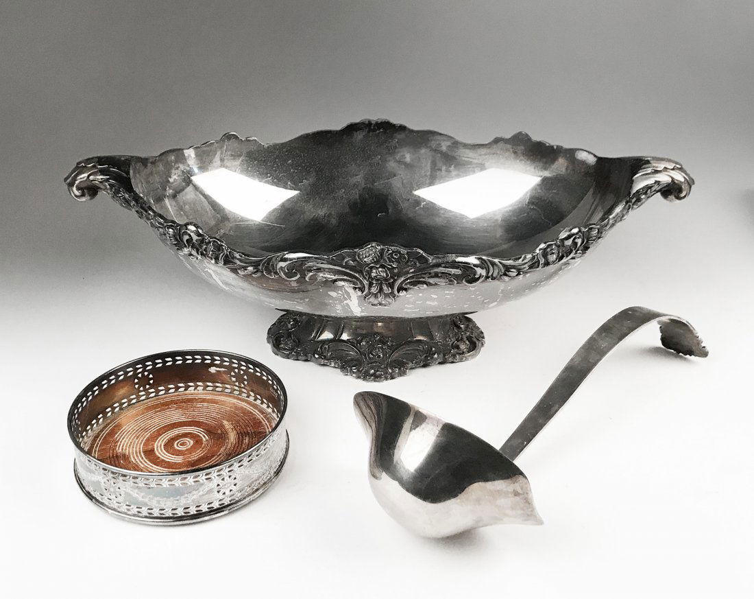 Collection of 3 Silverplate Pieces: Collection of 3 Silverplate pieces, consisting of: A large lozenge-shaped heavy silverplate Lunt bowl on pedestal, size 6" Height by 17" Width. Kirk Stieff wine coaster with wooden inset base, Adams s