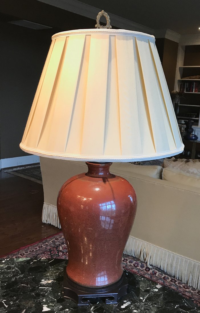 Vintage Sang de Bouef Baluster Lamp: A nice vintage Sang de bouef style lamp with designer shade in very good working order. Approximately 32" Height to top of finial.