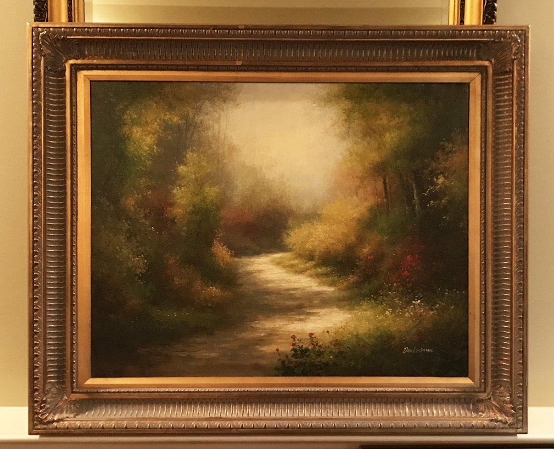 Oil On Canvas By Dan Austine, Seoul, Korea: A very nice contemporary landscape, oil on canvas, by Seoul, Korean artist, Dan Austine, housed in a complementary frame. He was born in 1955 and his pieces can be found in major art galleries and col