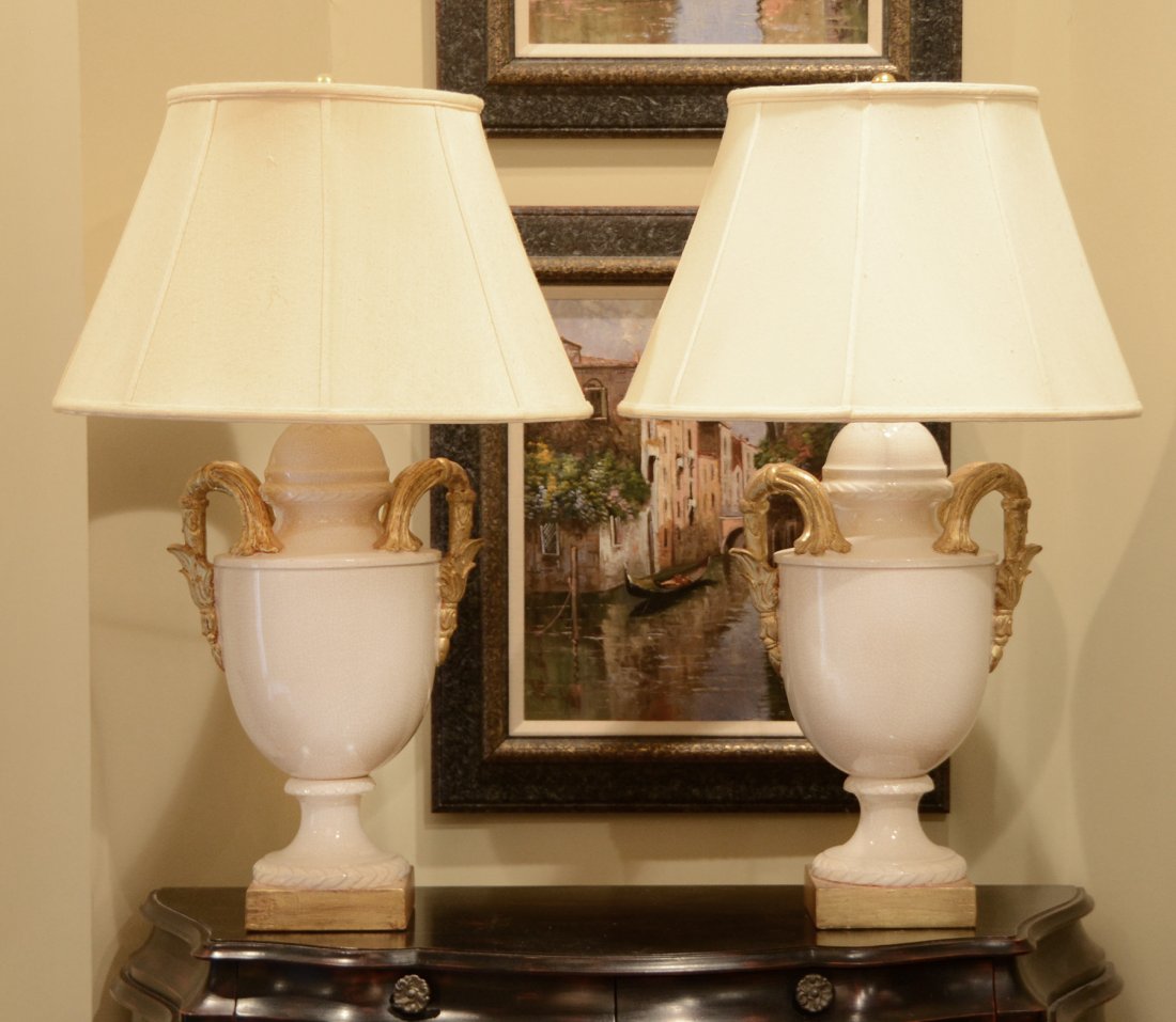 Large Pair of Ceramic Lamps Crackled Glaze (1 of 3)