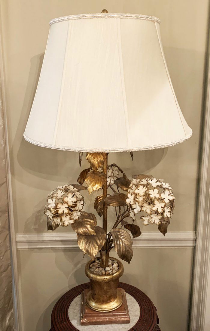 Large Gilded Tole Floral Lamp (1 of 4)