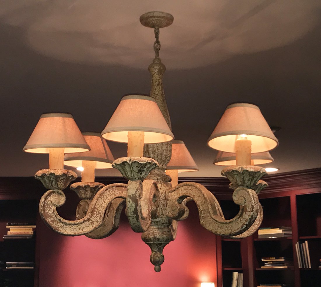 Large Wooden 6-arm Chandelier, Crackled Finish (1 of 4)