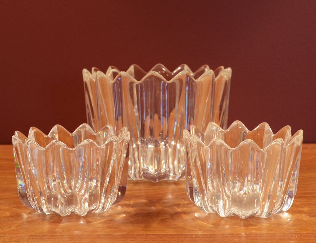 Set of Three Lobed Orrefors Bowls: A set of three lobed Orrefors bowls with pointed ends.Size of 1: 5 3/4" Height, size of 2: 3" Height.