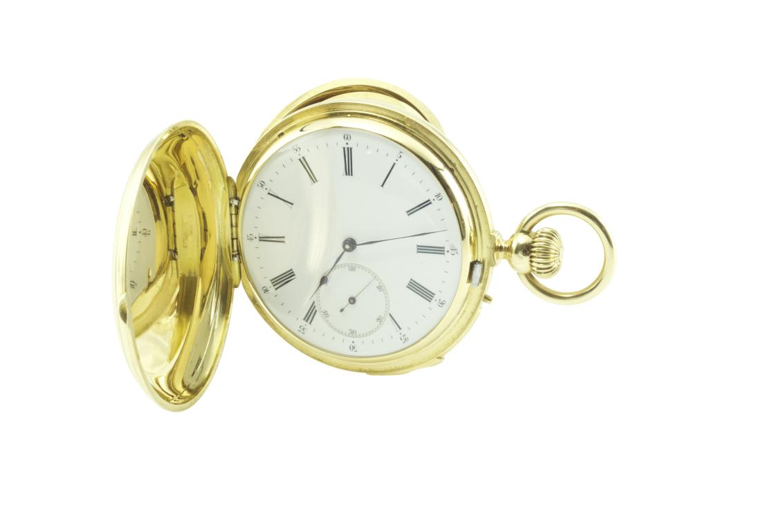 Louis Audemars movement 18k gold watch: Louis Audemars - pour Charles Oudin Montre savonnette en or 750, repetition minutes, faite pour Charles OUDIN, Horloger de la Marine, mouvement Louis AUDEMARS, No 10916. Vers 1860. Etat parfait. Diame