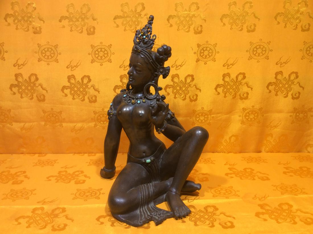 Seated Maya Devi Sculpture.: Vintage Seated Maya Devi Sculpture made with some composition materials. Maya Devi, the mother of Buddha. It is finely made and decorated with multiple Gem Stones. Some stones are missing. Measures Ta