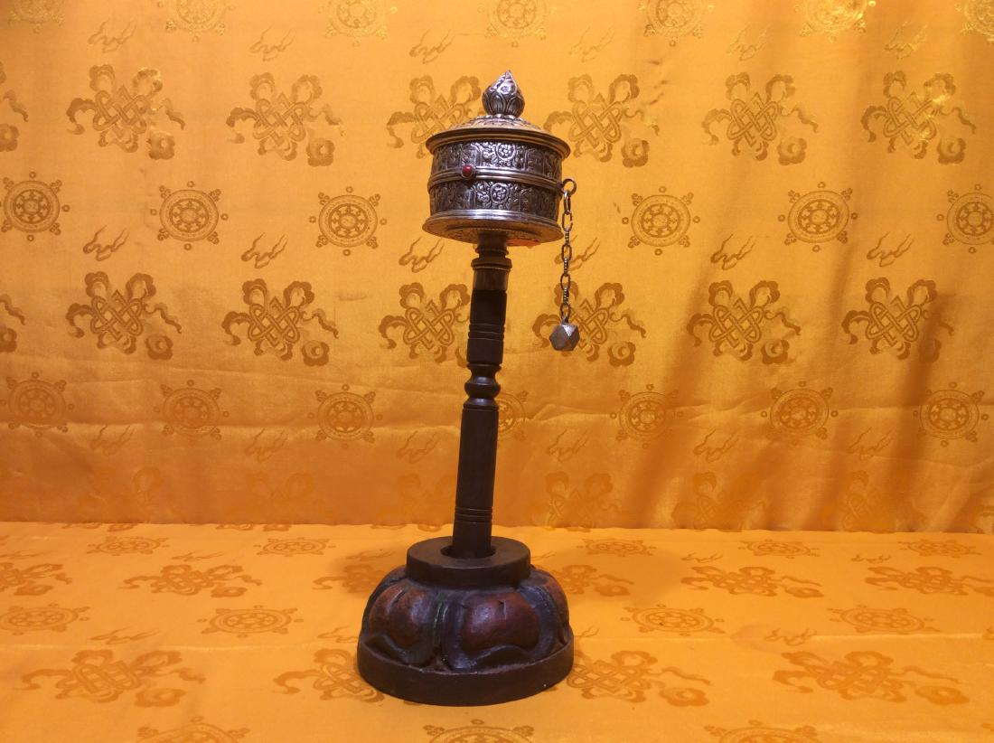 Vintage Tibetan Prayer Wheel.: Vintage Tibetan Buddhist Prayer Wheel, hand made in Nepal with coin silver. Detailly carved with Tibetan Buddhsit symbols, turquoise and coral stones.