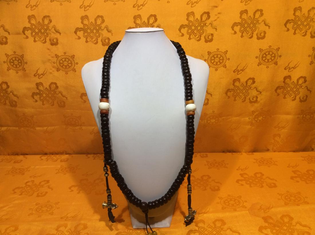 Antique Tibetan Prayer Beads.: Antique Tibetan Prayer Beads, made with Boddhi Tree Seeds ornated by three large shell, Bone beads and a set of solid bronze counter beads. The prayer beads are 18 mm, 22" long and weighs 360 grams.