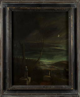 Gertrude Abercrombie (american, 1909 - 1977) oil on: ARTIST: Gertrude Abercrombie (Illinois, Wisconsin, 1909 - 1977) NAME: Night View MEDIUM: oil on canvas CONDITION: Very good. Normal wear to frame. IMAGE SIZE: 13 1/2 x 17 1/2 inches / 34 x 44 cm FRAME