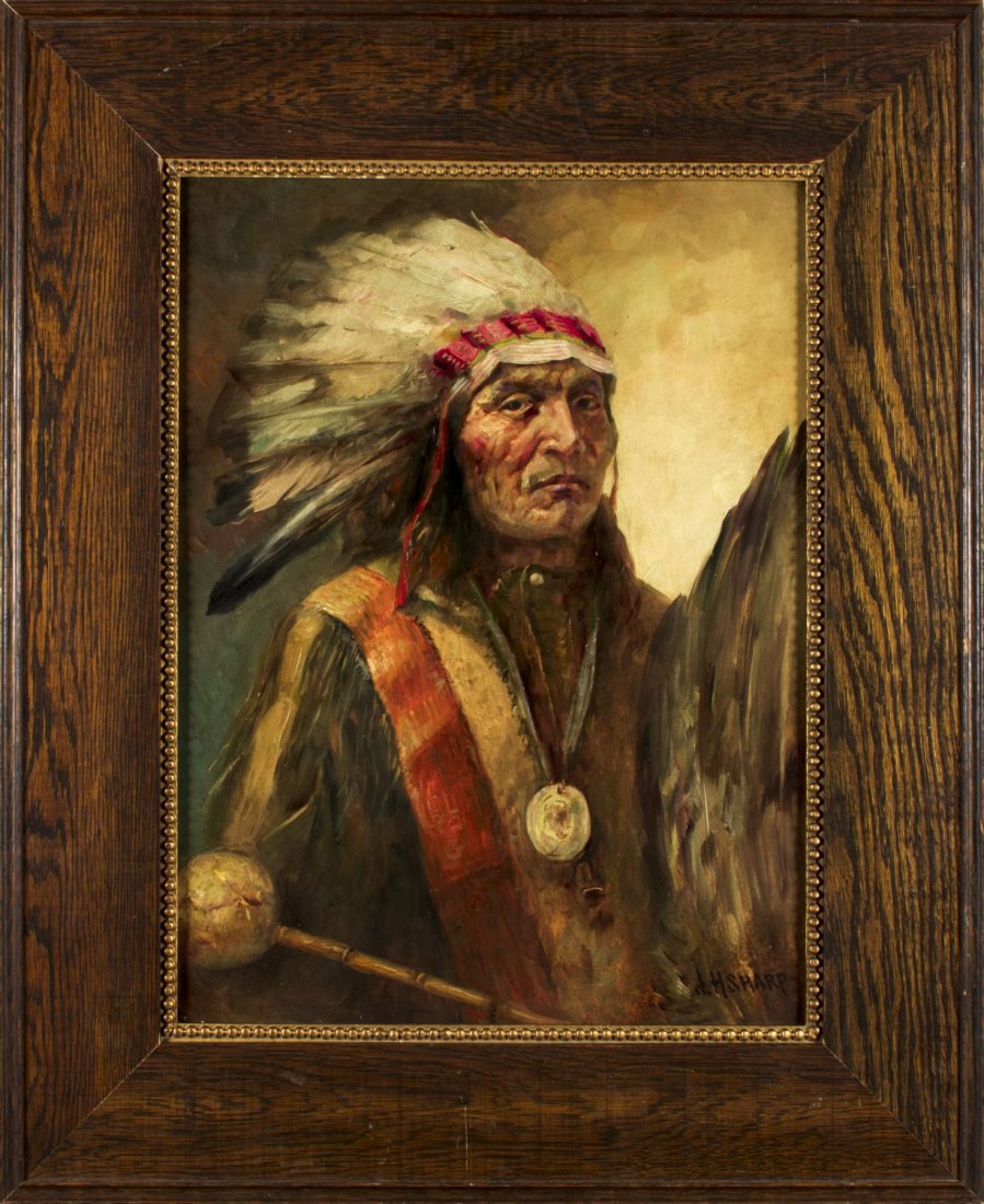 Joseph Henry Sharp (american, 1859 - 1953) oil on board: ARTIST: Joseph Henry Sharp (New Mexico, California, Ohio, 1859 - 1953) NAME: Indian Chief MEDIUM: oil on board CONDITION: Excellent. Minor damages to frame. IMAGE SIZE: 15 3/4 x 21 1/4 inches / 40 x 5
