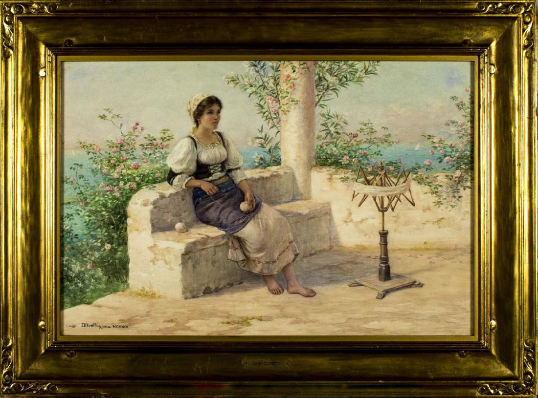 Luigi Olivetti (Italy,1856-1941) watercolor on paper: ARTIST: Luigi Olivetti (Italy, 1856 - 1941) NAME: Woman Winding Yarn MEDIUM: watercolor on paper CONDITION: Excellent. Minor wear to frame. SIGHT SIZE: 21 x 14 inches / 53 x 35 cm FRAME SIZE: 27 x 20