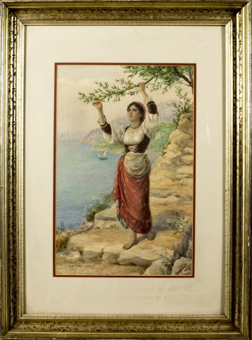 Luigi Olivetti (Italy,1856-1941) watercolor on paper: ARTIST: Luigi Olivetti (Italy, 1856 - 1941) NAME: Woman Picking Fruit MEDIUM: watercolor on paper CONDITION: Excellent. Framed under glass. Normal wear to frame. SIGHT SIZE: 20 x 13 inches / 50 x 33 c