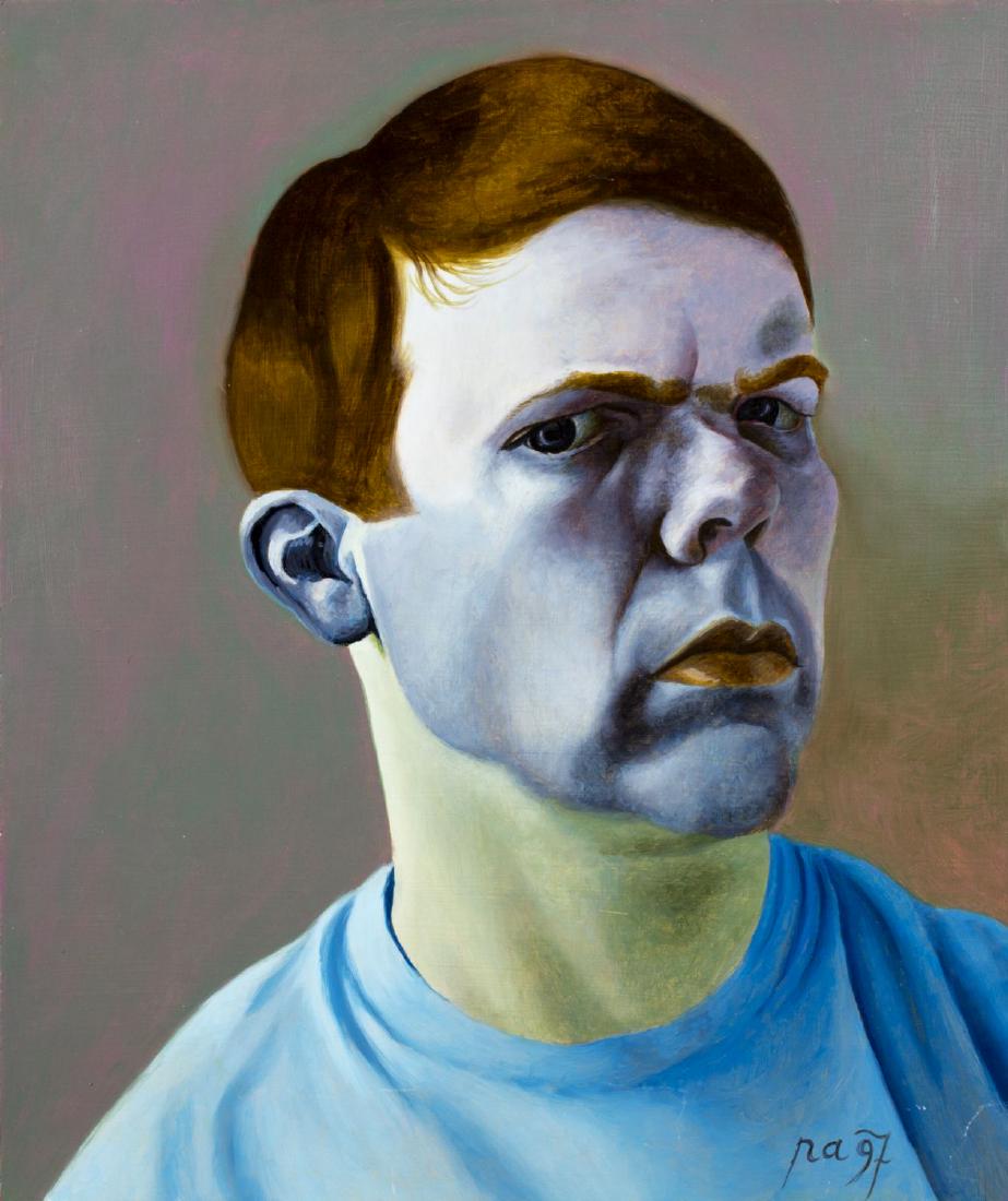 Philip Akkerman (US,Netherlands,born 1957) oil on board: ARTIST: Philip Akkerman (United States, Netherlands, born 1957) NAME: Self Portrait MEDIUM: oil on board YEAR: 1997 CONDITION: Excellent. No visible inpaint under UV light. SIGHT SIZE: 16 x 13.5 inche