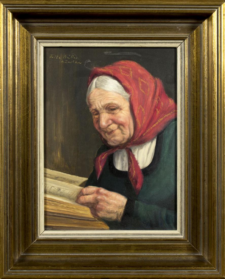 Fritz Muller (Germany,1913-1972) oil on board: ARTIST: Fritz Muller (Germany, 1913 - 1972) NAME: Portrait of Old Woman with Book MEDIUM: oil on board CONDITION: Excellent. No visible inpaint under UV light. SIGHT SIZE: 9 x 6.5 inches / 23 x 16 cm