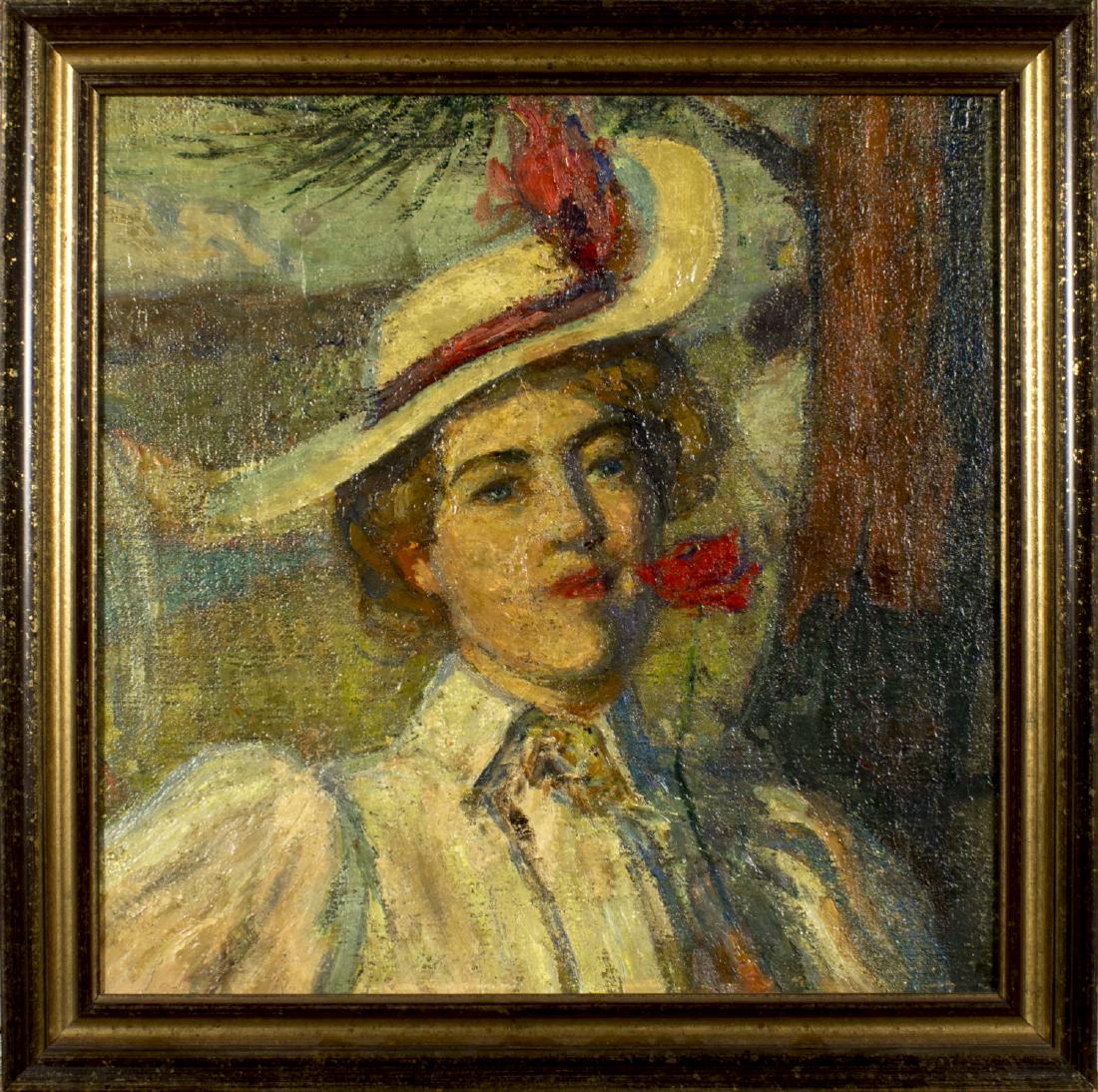 Augustus Koopman (NY,NC,France,1869-1914) oil on canvas: ARTIST: Augustus B Koopman (New York, North Carolina, France, 1869 - 1914) NAME: Portrait of Woman MEDIUM: oil on canvas. CONDITION: Very good. Painting has been cut down. Canvas applied to board. Ver
