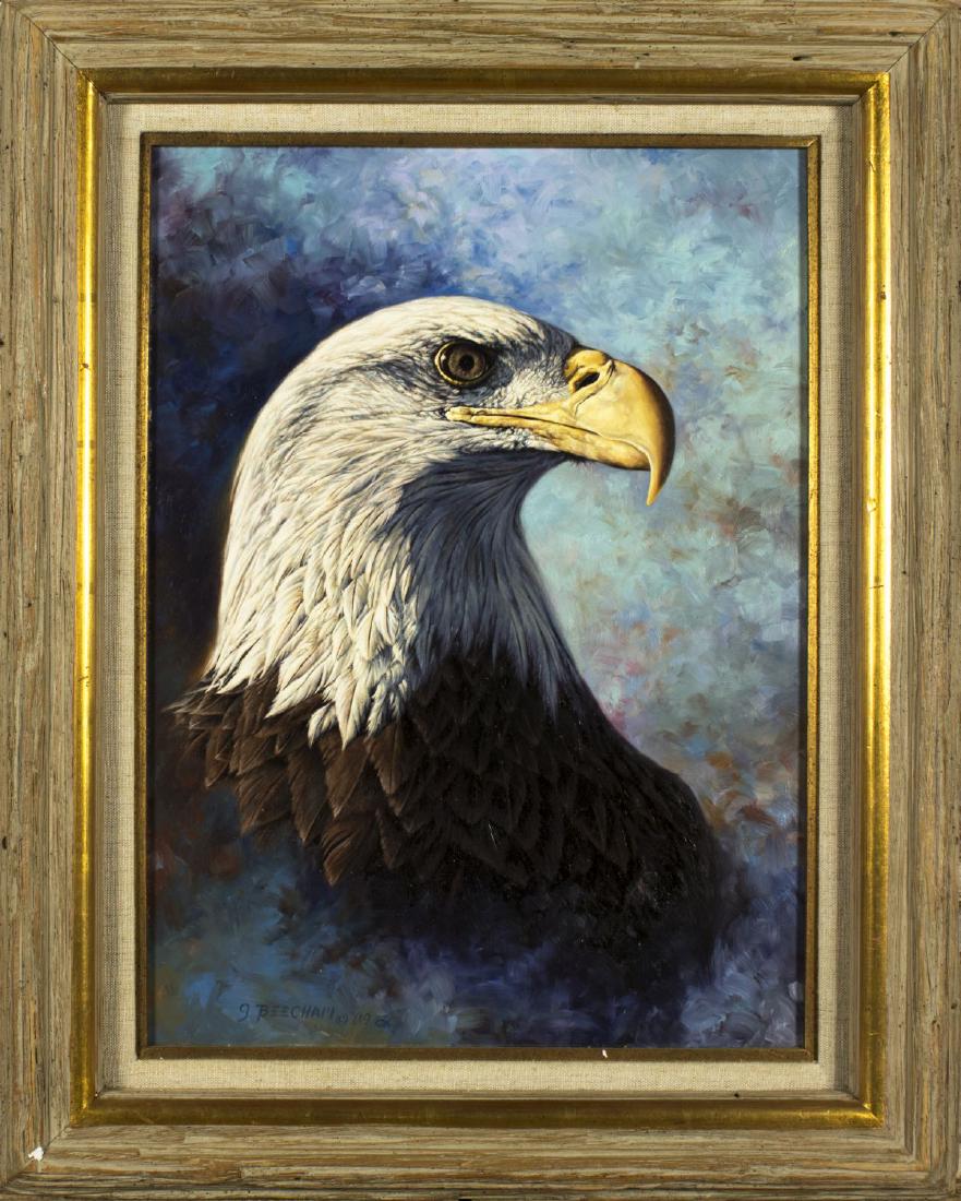 Greg Beecham (WY,WA,born 1954) oil on board: ARTIST: Greg Beecham (Wyoming, Washington, born 1954) NAME: Eagle MEDIUM: oil on board YEAR: 1989 CONDITION: Excellent. No visible inpaint under UV light. SIGHT SIZE: 19 x 14 inches / 48 x 35 cm FRAME