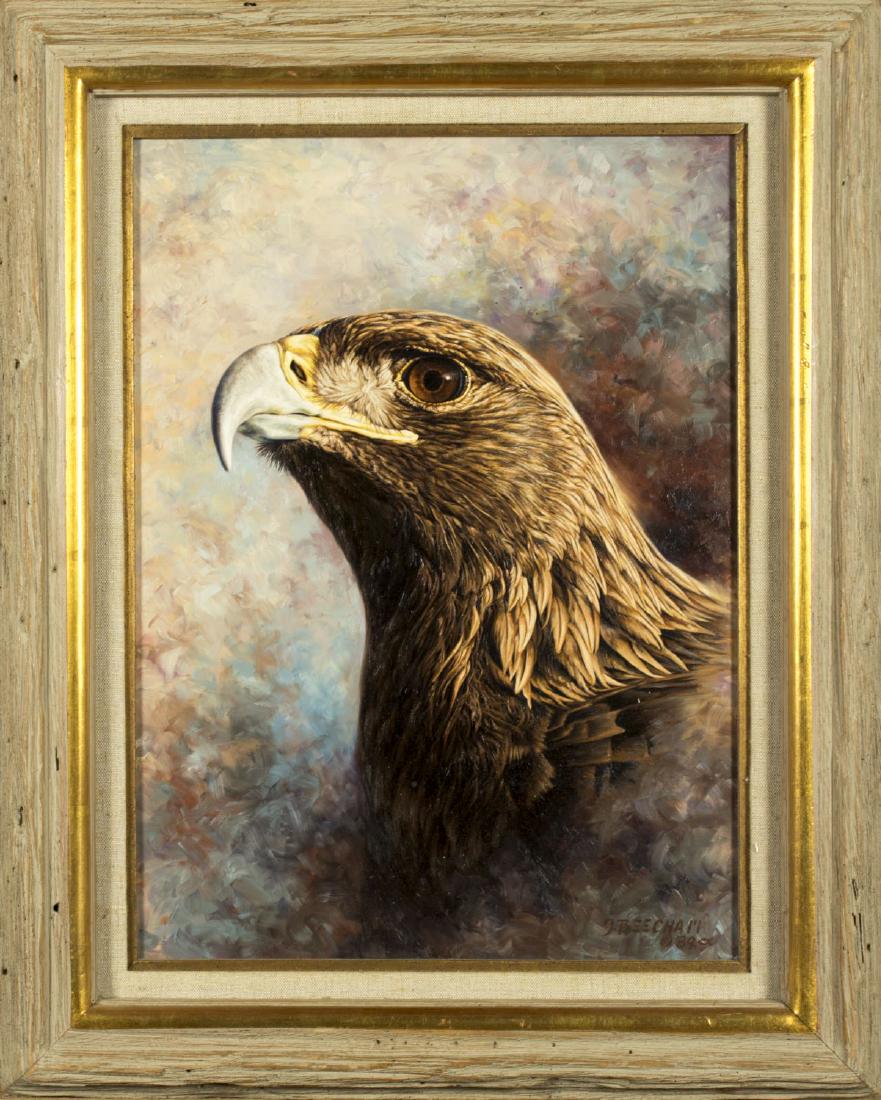 Greg Beecham (WY,WA,born 1954) oil on board: ARTIST: Greg Beecham (Wyoming, Washington, born 1954) NAME: Eagle MEDIUM: oil on board YEAR: 1989 CONDITION: Excellent. No visible inpaint under UV light. SIGHT SIZE: 19 x 14 inches / 48 x 35 cm FRAME