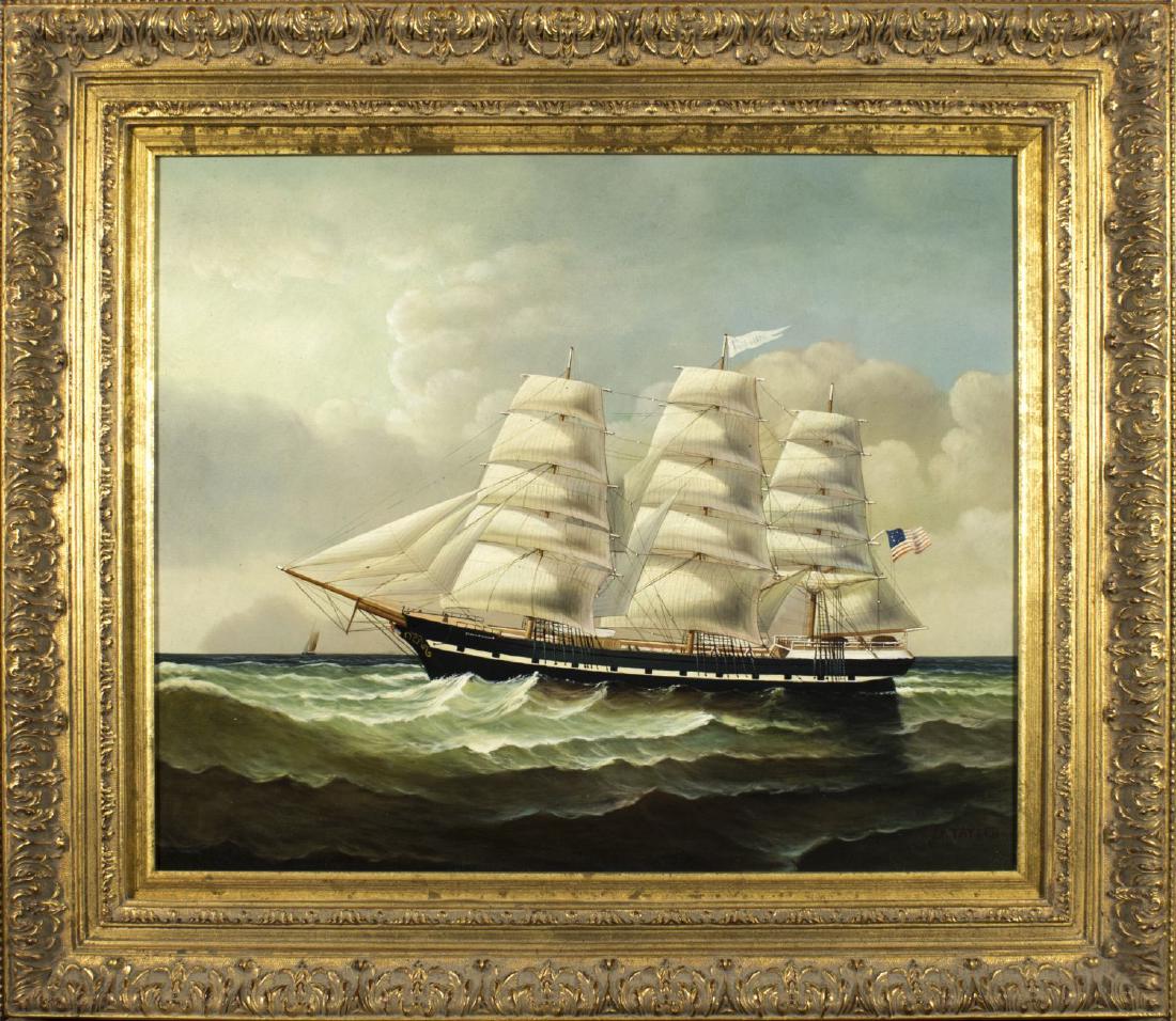 D Tayler (MA,20th century) oil on canvas: ARTIST: D Tayler (Massachusetts, 20th century) NAME: Sail Ship MEDIUM: oil on canvas CONDITION: Excellent. Minor craquelure. No visible inpaint under UV light. SIGHT SIZE: 20 x 24 inches / 50 x 60 cm