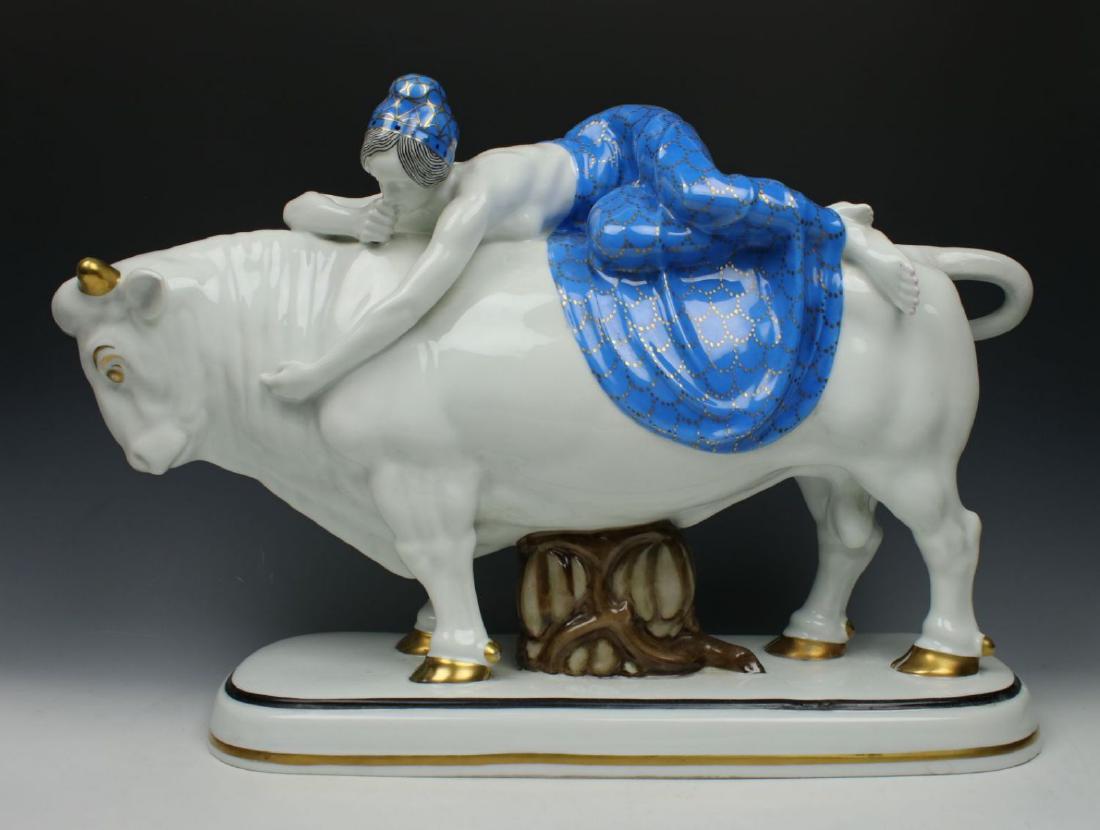 20" Frareuth Figurine "Europa and Bull": MANUFACTURE: Frareuth (GERMANY) DESIGNED: Carl Nacke in 1919 NAME: Europa and Bull YEAR: 1919 - 1926 CONDITION: Tail of bull was restored. HEIGHT: 13 inch / 33 cm WIDTH: 20 1/4 inch / 51 cm DEEP: 5 in