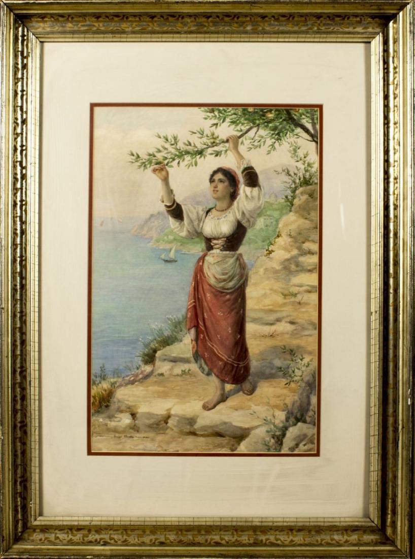 Luigi Olivetti (Italy,1856-1941) watercolor on paper: ARTIST: Luigi Olivetti (Italy, 1856 - 1941) NAME: Woman Picking Fruit MEDIUM: watercolor on paper CONDITION: Excellent. Framed under glass. Normal wear to frame. SIGHT SIZE: 20 x 13 inches / 50 x 33 c