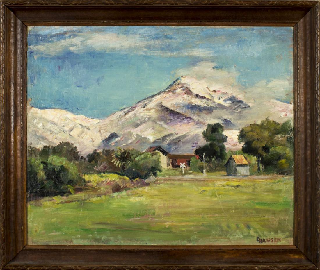Ejnar Hansen (CA,Denmark,1884-1965) oil on canvas: ARTIST: Ejnar Hansen (California, Denmark, 1884 - 1965) NAME: Mountain Landscape MEDIUM: oil on canvas. Canvas applied to board. CONDITION: Excellent. One scratch. No visible inpaint under UV light. S